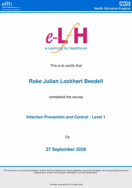 Uploaded proof for "Infection Prevention and Control — Level 1" Electronic Learning For Healthcare Course Certificate