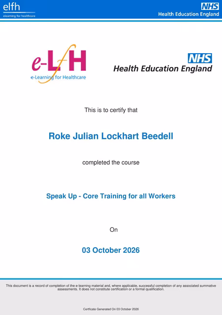 Uploaded proof for "Speak Up — Core Training for all Workers" Electronic Learning For Healthcare Course Certificate