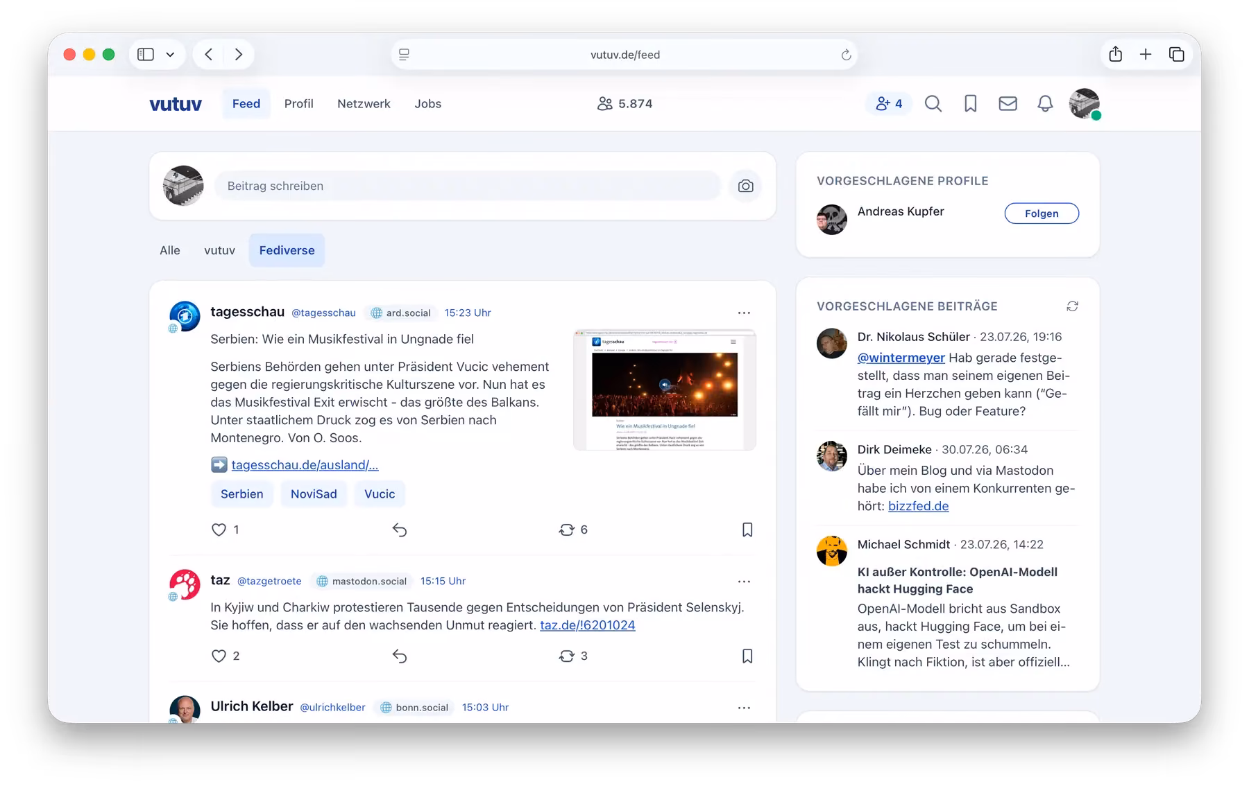 The vutuv feed with the Fediverse tab selected: posts by news accounts on ard.social, mastodon.social and bonn.social, each with the server it came from, and heart, reply and repost counts underneath.