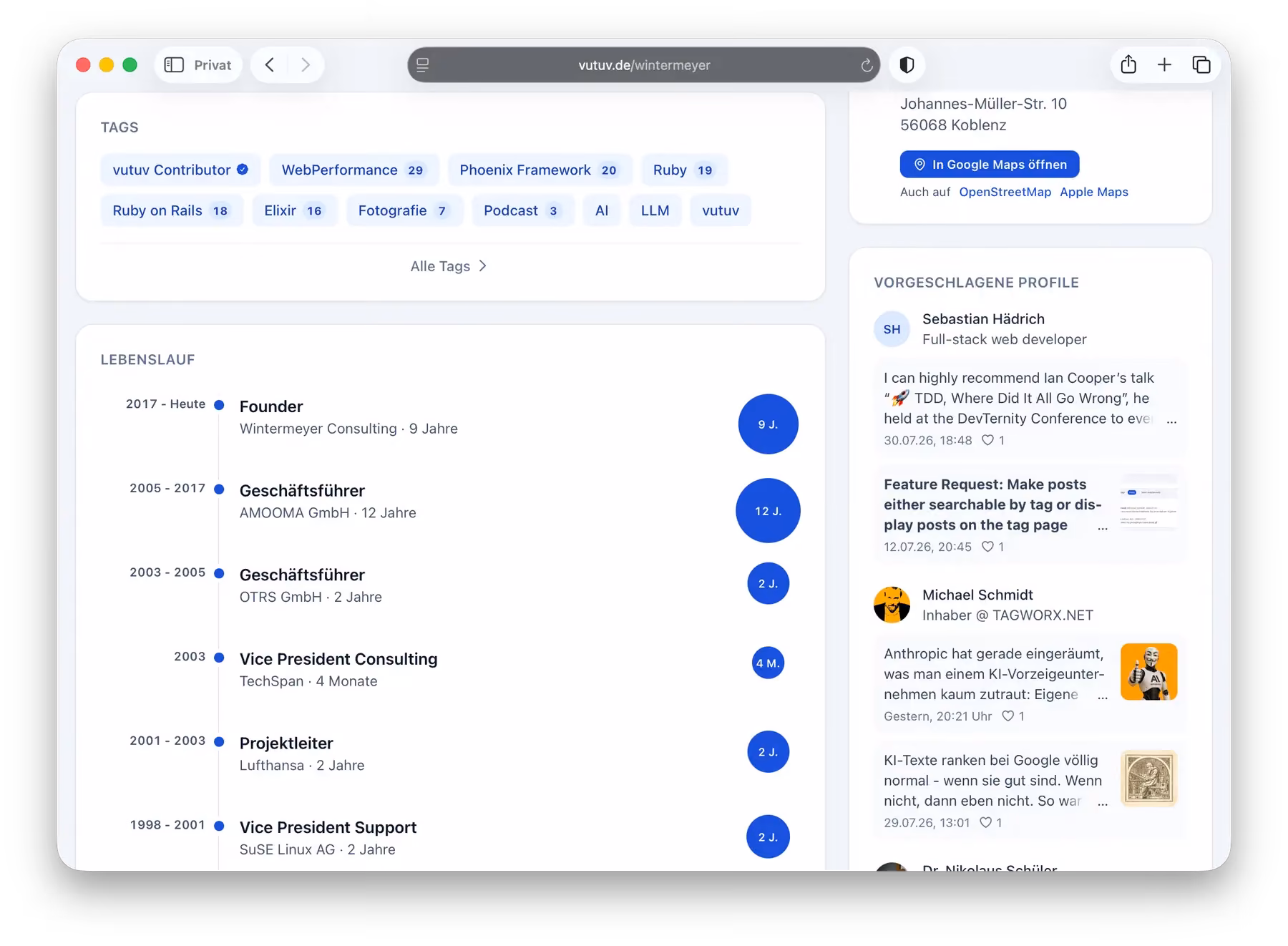 The same profile further down: tags, each with the number of members who endorse it, and a CV as a timeline of positions with employer and duration.