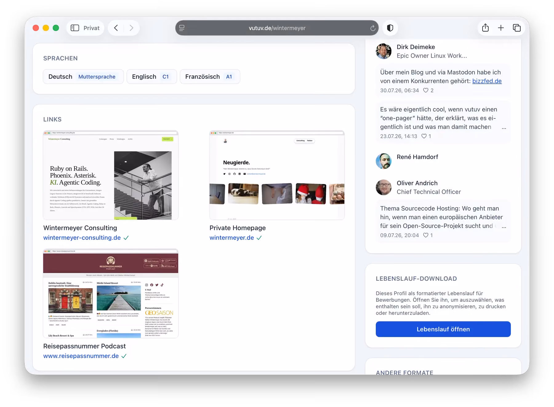 The lower part of the profile: spoken languages with levels, web links each shown as a preview image with a verification mark, and a panel offering the CV for download.