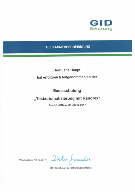 Uploaded proof for Testautomatisierung mit Ranorex