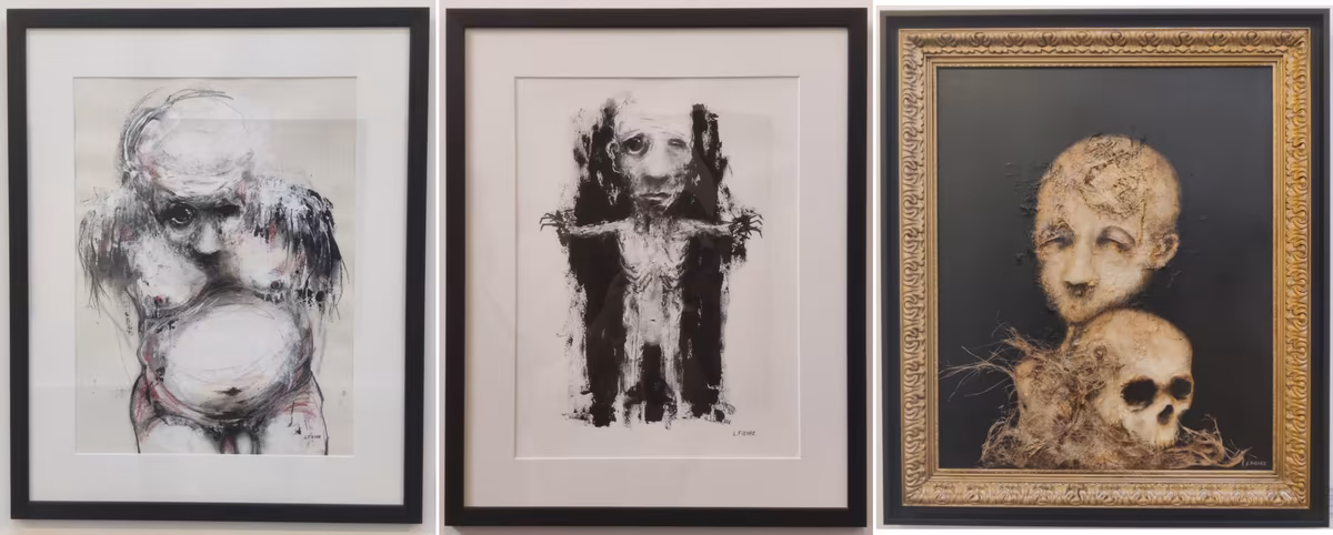 Peintures représentant des personnages un peu déformés, un peu inquiétants, dont un avec un crâne. L'univers est sombre et peu réaliste