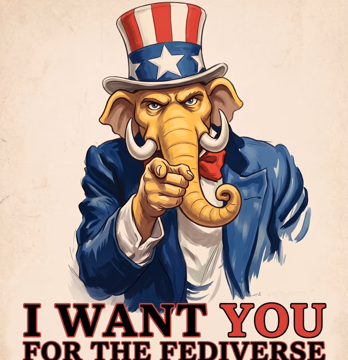 Mastodon pointing at with with "I want you for the Fediverse" caption