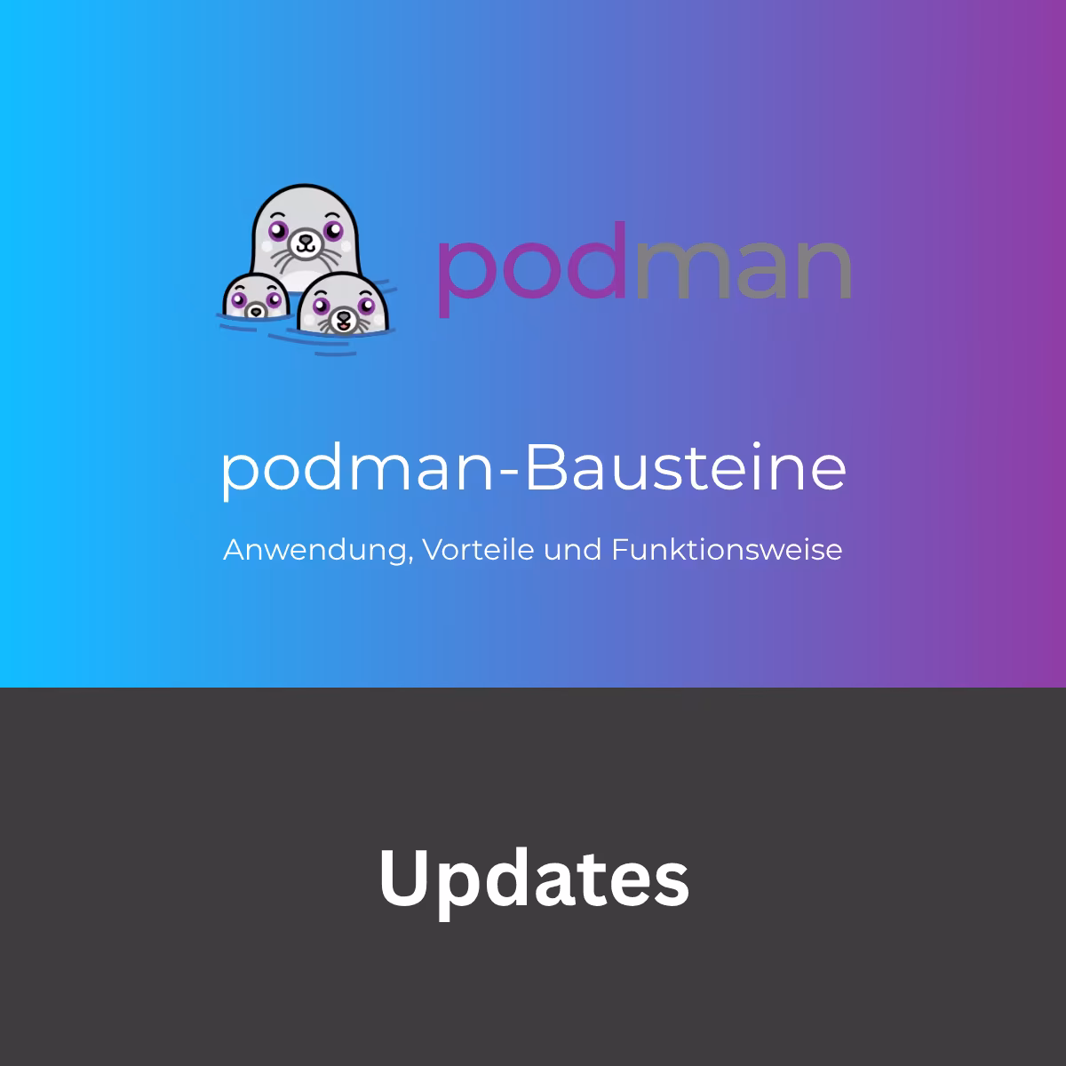 Grafik zur Artikelserie "Podman-Bausteine – Anwendung, Vorteile und Funktionsweise". Oben das Podman-Logo mit drei Robben-Maskottchen auf blau-violettem Farbverlauf. Darunter auf dunkelgrauem Hintergrund der Titel des fünften Teils: "Updates".