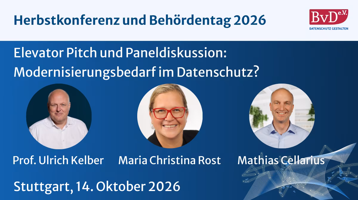 Ankündigung der Paneldiskussion. Neben Titel, Ort (Stuttgart) und Datum sind noch die Bilder und Namen von drei Teilnehmer:innen zu sehen: Ulrich Kelber, Maria Rost und Mathias Cellarius