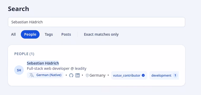 The people search results (not just name, picture, and position) with the following fields added: Language, socials, location, tags