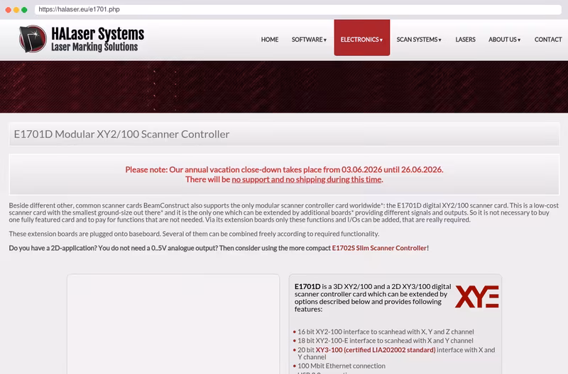 E1701D Modular XY2-100 Scanner Controller Card