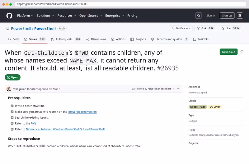 https://github.com/PowerShell/PowerShell/issues/26935
